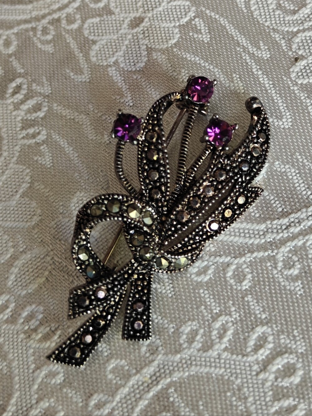 Vintage Avon Marcasite And Amethyst Glass Brooch